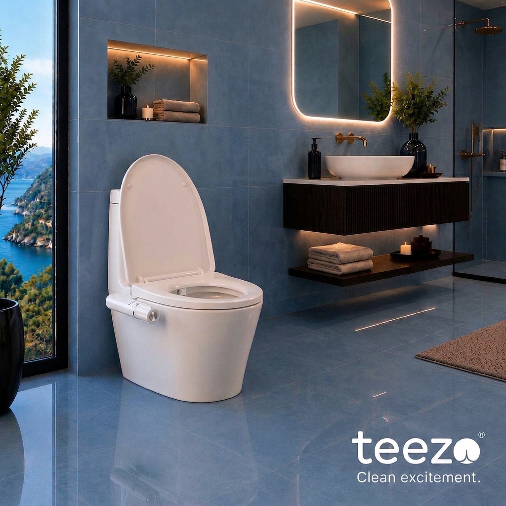 A bright, modern bathroom with a teezo bidet installed