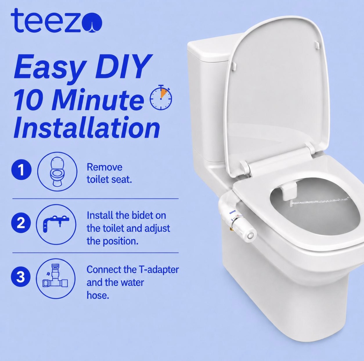 teezo Deluxe Bidet installed on a toilet with easy 10 minute installation steps