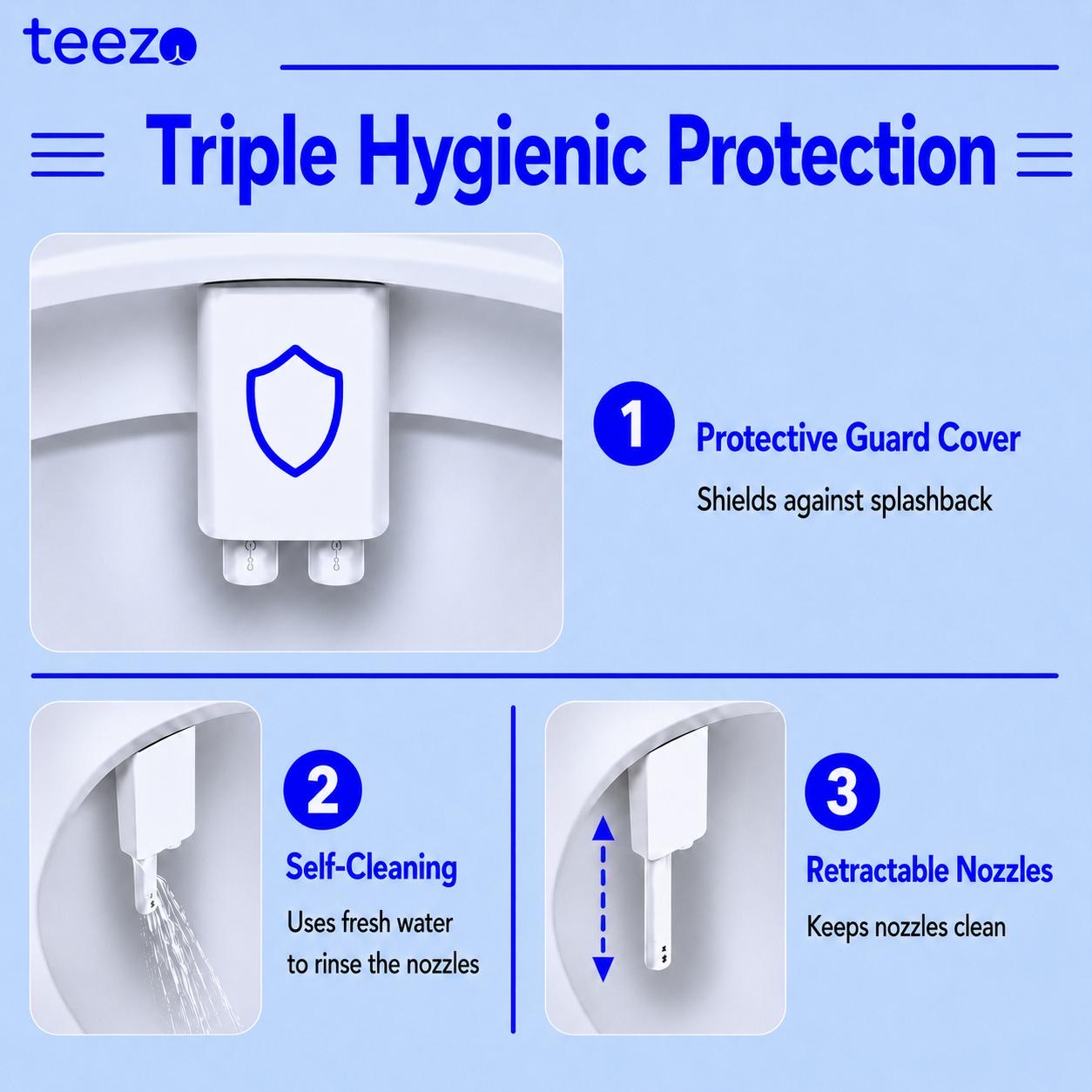 teezo triple hygienic protection with guard cover, self-cleaning and retractable nozzles